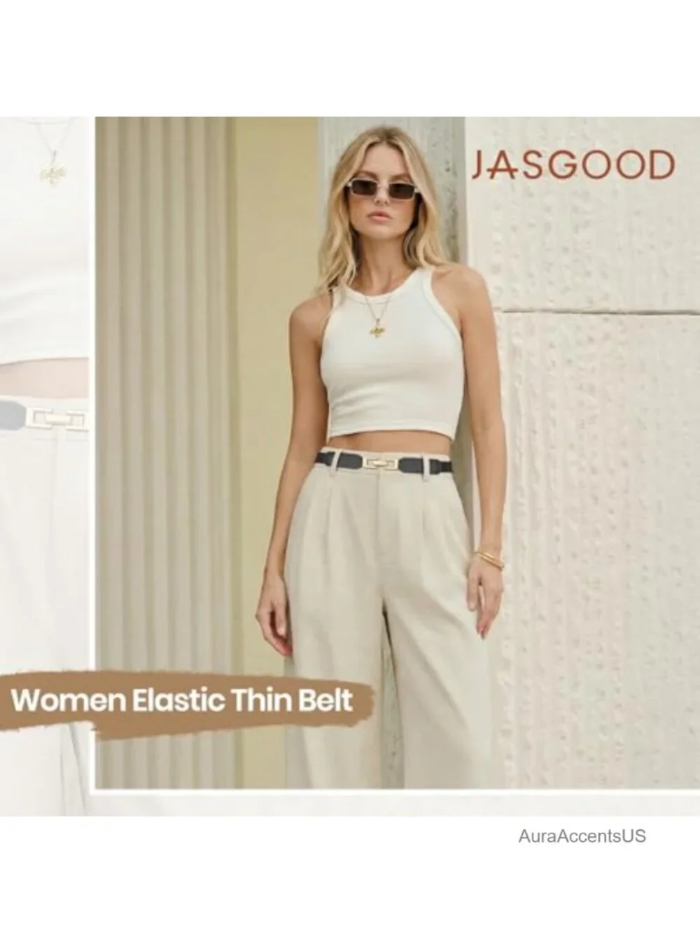 2 Pack Skinny Stretchy Belt for Dresses Thin Elastic Waist Belt with Gold Buckle